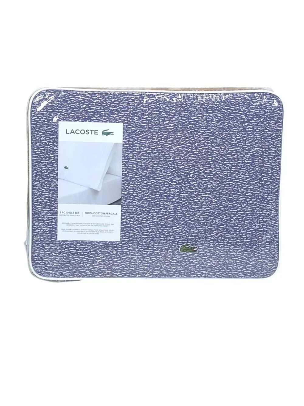 Lacoste 3-Piece Twin Sheet Set Blue Camo Vintage Indigo 100% Cotton Percale
